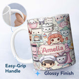 Personalized Custom Name Cute Kawaii Baking Girl Mixer Blender Donut Cream Background 11oz Ceramic Coffee Tea Mug White Large Handle
