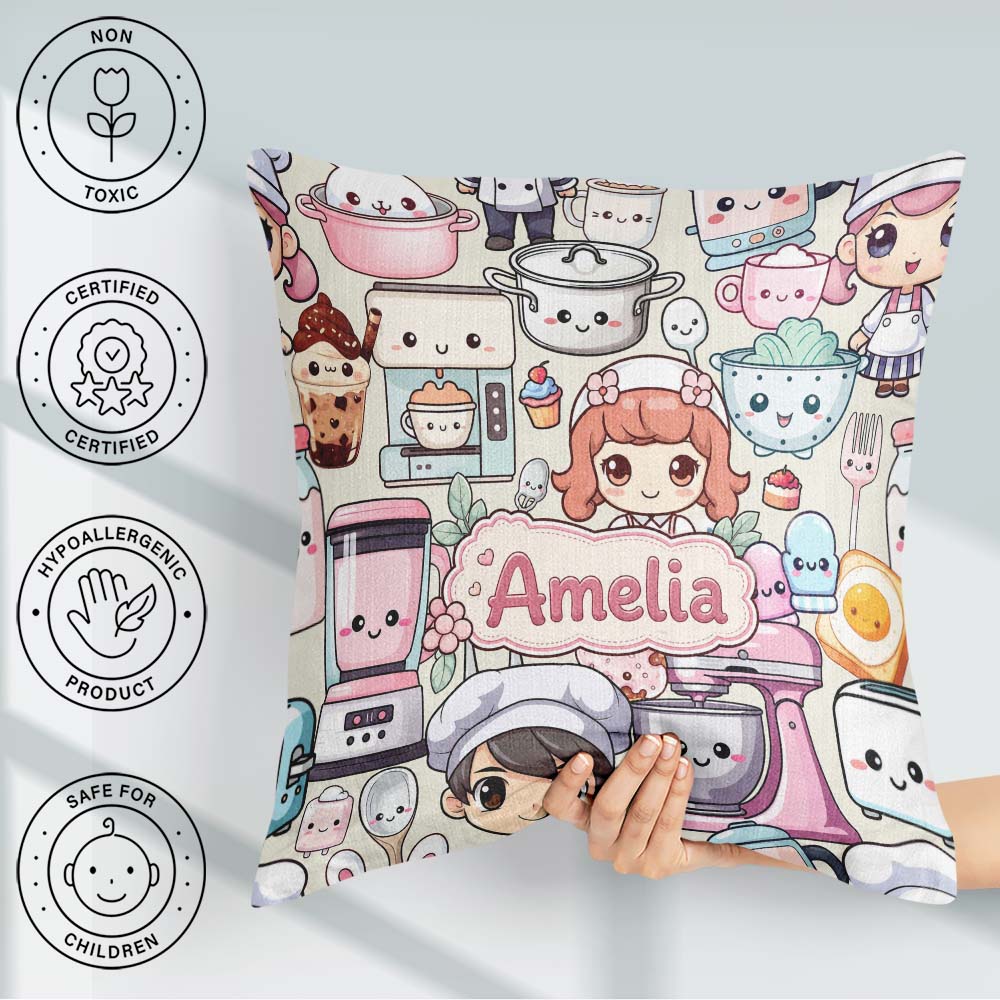 Custom Name Cute Kawaii Baking Girl Mixer Donut Cream Background Square Filled Cushion Throw Pillow Sofa Bed Home Decor Zip Washable UK Made