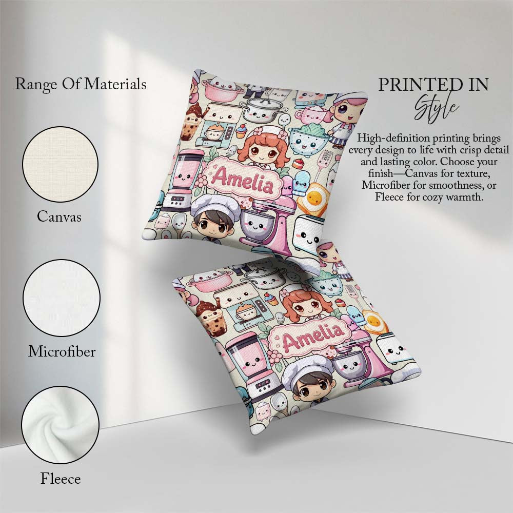 Custom Name Cute Kawaii Baking Girl Mixer Donut Cream Background Square Filled Cushion Throw Pillow Sofa Bed Home Decor Zip Washable UK Made