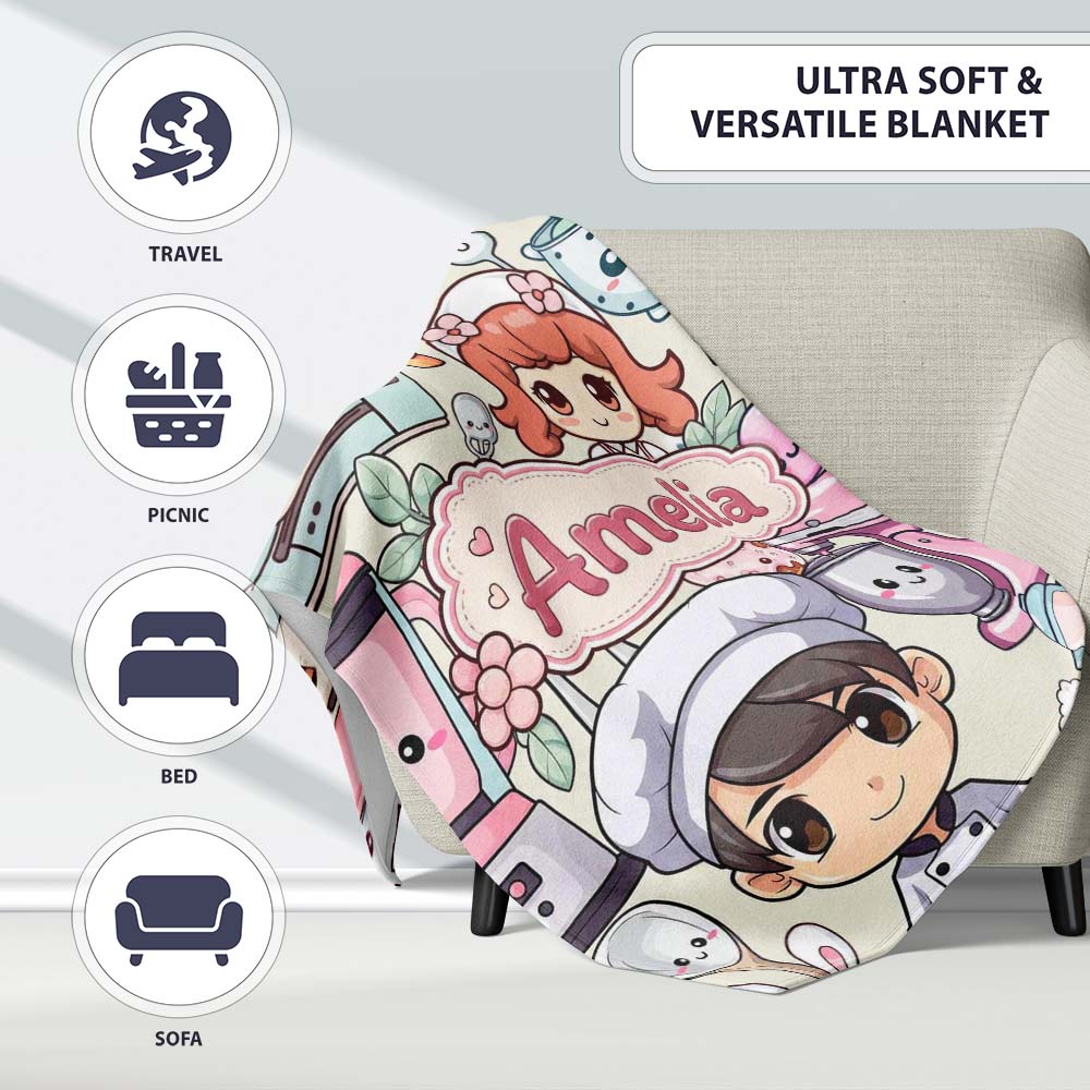 Cute Kawaii Baking Girl Mixer Blender Donut Cream Background  Personalised Custom Name Super Soft Fleece Blanket Bed Sofa Throw