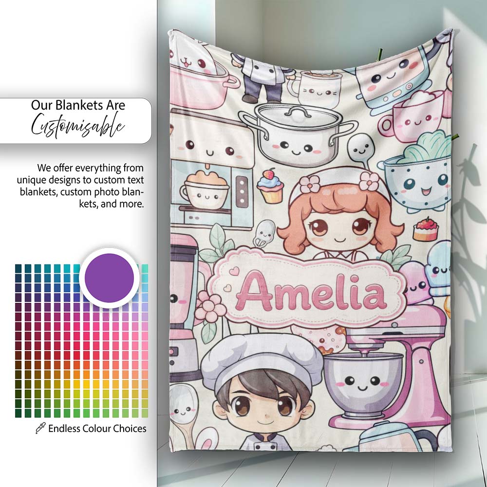 Cute Kawaii Baking Girl Mixer Blender Donut Cream Background  Personalised Custom Name Super Soft Fleece Blanket Bed Sofa Throw