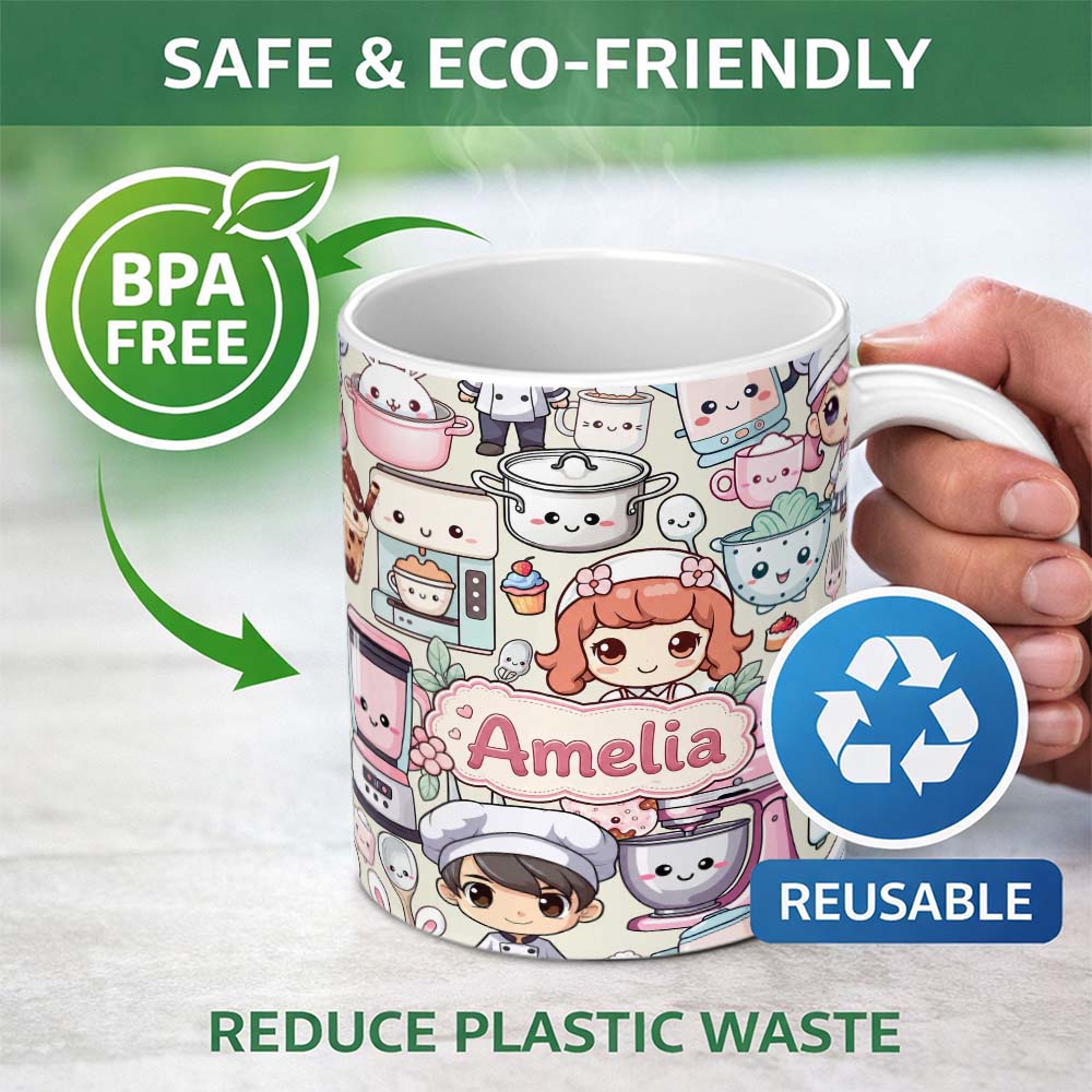 Personalized Custom Name Cute Kawaii Baking Girl Mixer Blender Donut Cream Background 11oz Ceramic Coffee Tea Mug White Large Handle