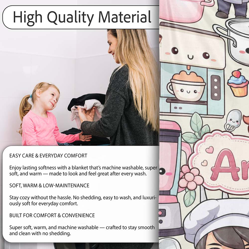 Cute Kawaii Baking Girl Mixer Blender Donut Cream Background  Personalised Custom Name Super Soft Fleece Blanket Bed Sofa Throw