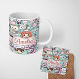 Personalized Custom Name Cute Kawaii Baking Girl Mixer Blender Donut Mint Background 11oz Ceramic Coffee Tea Mug White Large Handle
