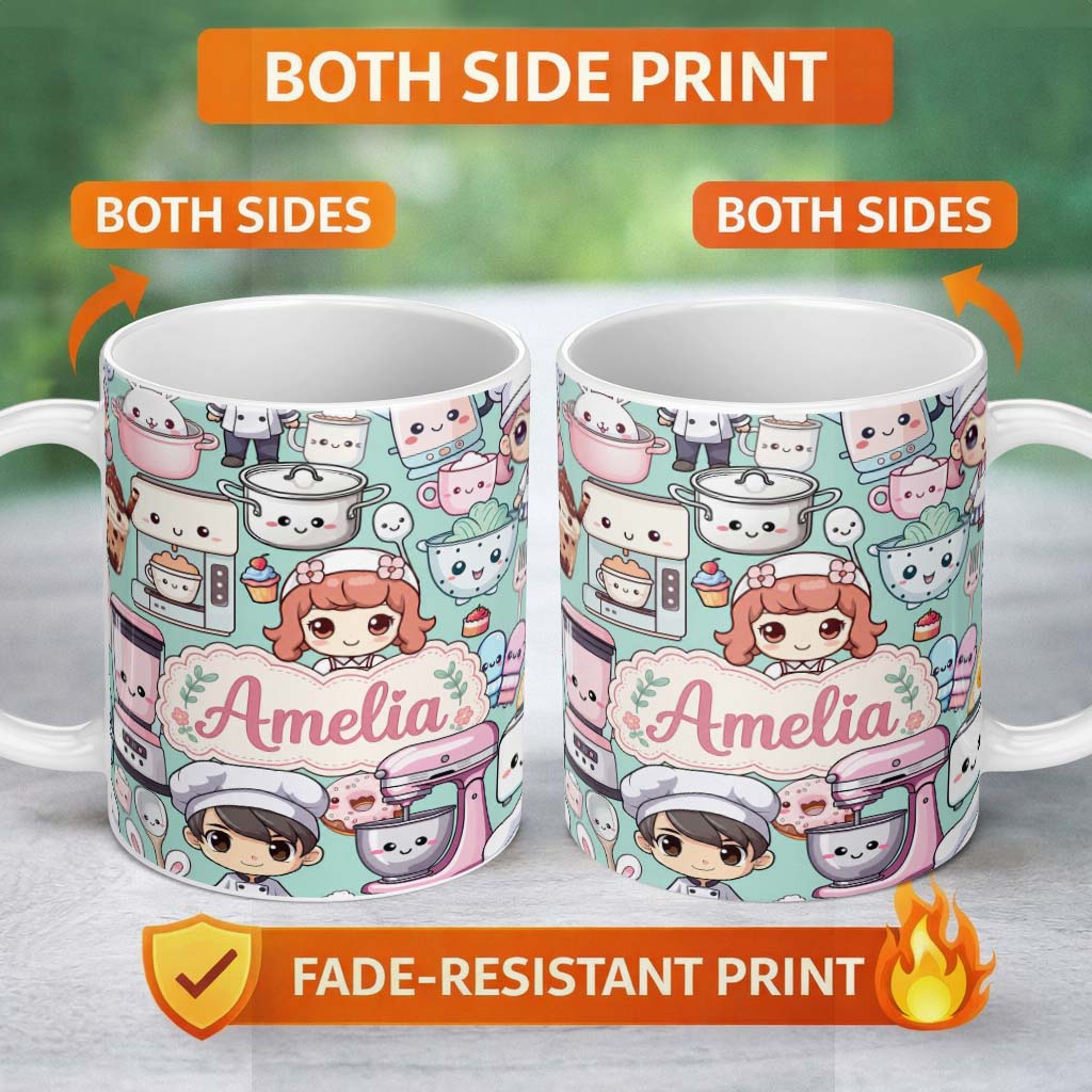 Personalized Custom Name Cute Kawaii Baking Girl Mixer Blender Donut Mint Background 11oz Ceramic Coffee Tea Mug White Large Handle