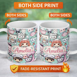 Personalized Custom Name Cute Kawaii Baking Girl Mixer Blender Donut Mint Background 11oz Ceramic Coffee Tea Mug White Large Handle