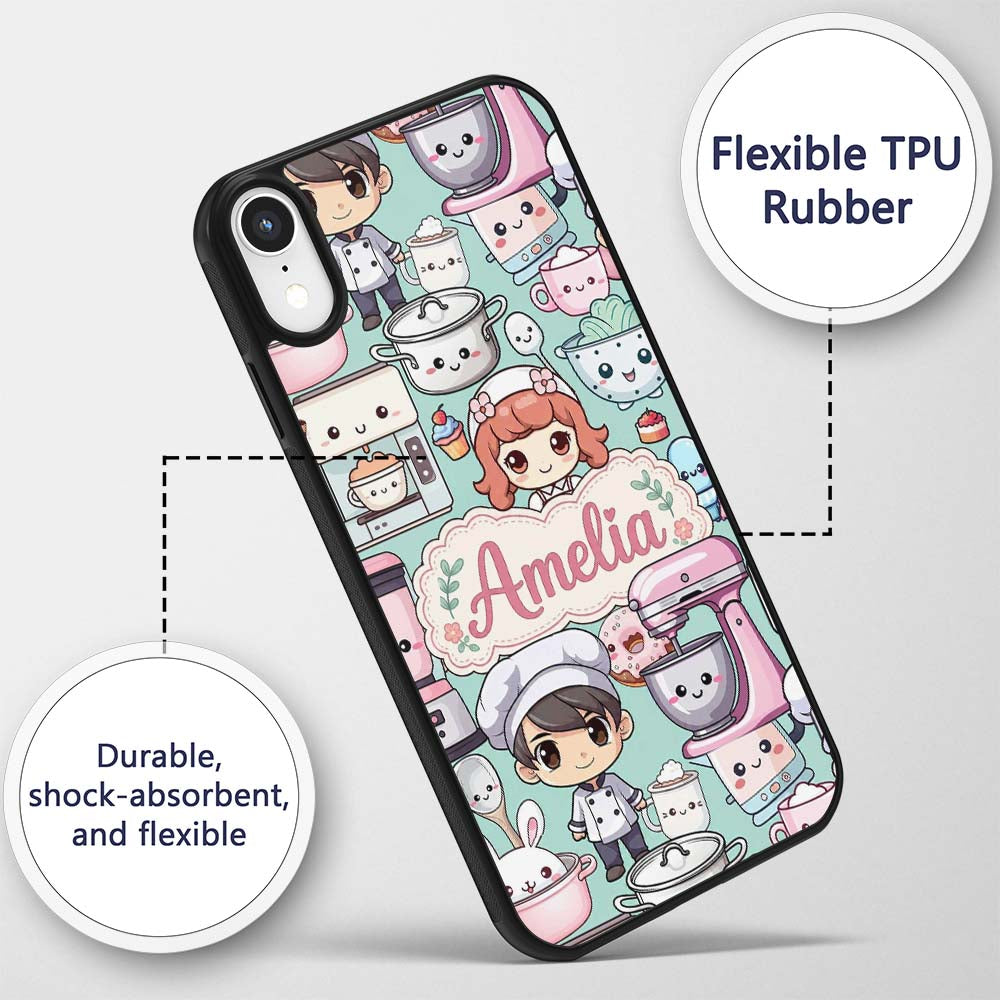 Cute Kawaii Baking Girl Mixer Blender Donut Mint Custom Name Protective Phone Case Mobile Cover Durable Everyday Smartphone Shock Resistant