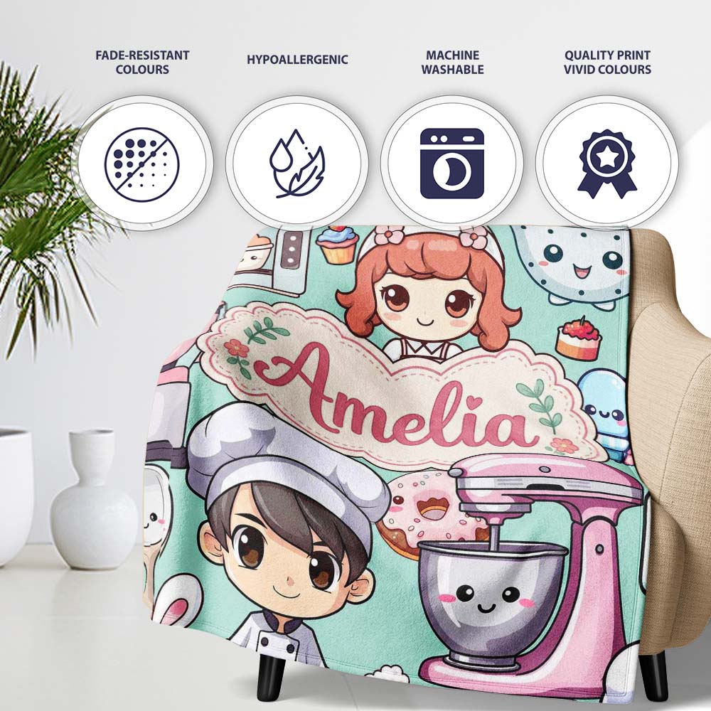 Cute Kawaii Baking Girl Mixer Blender Donut Mint Background  Personalised Custom Name Super Soft Fleece Blanket Bed Sofa Throw