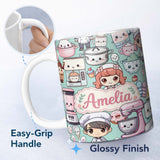 Personalized Custom Name Cute Kawaii Baking Girl Mixer Blender Donut Mint Background 11oz Ceramic Coffee Tea Mug White Large Handle