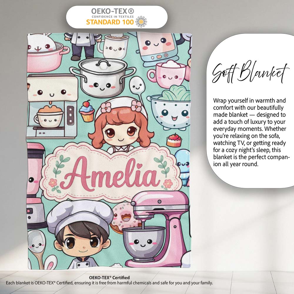 Cute Kawaii Baking Girl Mixer Blender Donut Mint Background  Personalised Custom Name Super Soft Fleece Blanket Bed Sofa Throw