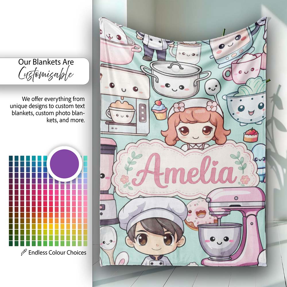 Cute Kawaii Baking Girl Mixer Blender Donut Mint Background  Personalised Custom Name Super Soft Fleece Blanket Bed Sofa Throw