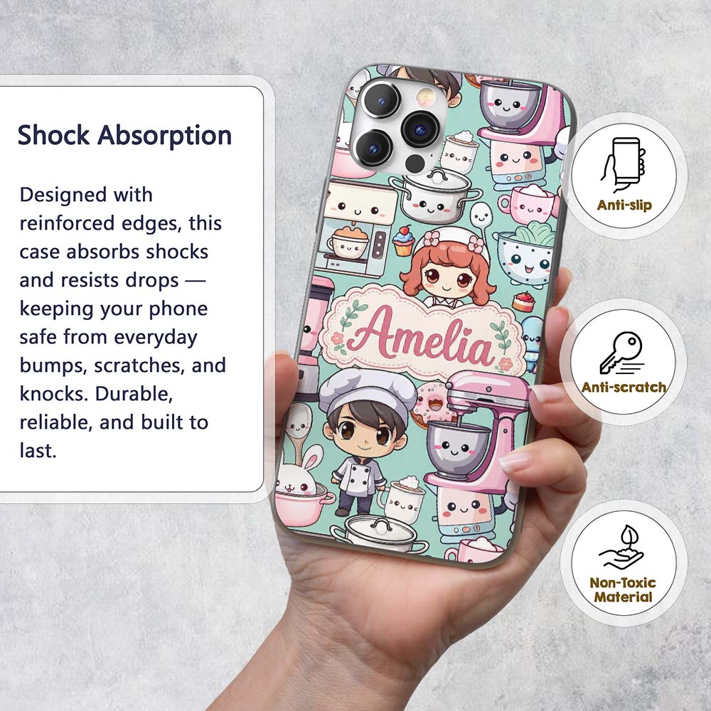 Cute Kawaii Baking Girl Mixer Blender Donut Mint Custom Name Protective Phone Case Mobile Cover Durable Everyday Smartphone Shock Resistant