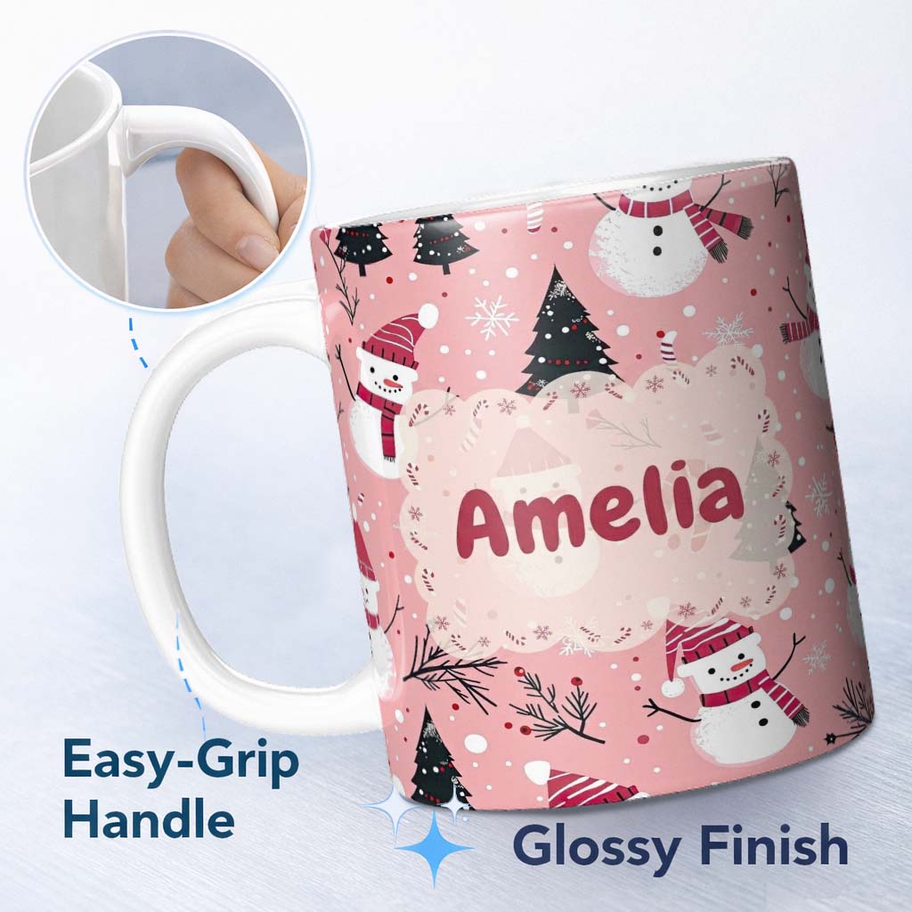 Personalized Custom Name Cute Snowman Candy Cane Tree Winter Seamless Pattern Lovely 11oz Ceramic Coffee Tea Mug White Large Handle