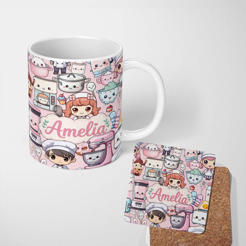 Personalized Custom Name Cute Kawaii Baking Girl Mixer Blender Donut Pink Background 11oz Ceramic Coffee Tea Mug White Large Handle