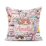 Custom Name Cute Kawaii Girl Mixer Blender Donut Pink Background Square Filled Cushion Throw Pillow Sofa Bed Home Decor Zip Washable UK Made