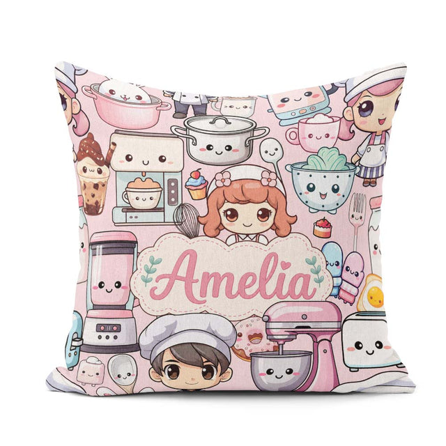 Custom Name Cute Kawaii Girl Mixer Blender Donut Pink Background Square Filled Cushion Throw Pillow Sofa Bed Home Decor Zip Washable UK Made