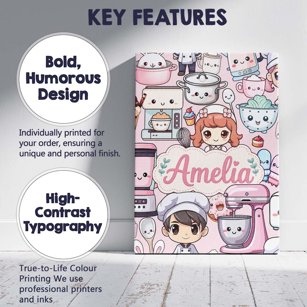 Personalised Name Cute Kawaii Baking Girl Custom  Unique Gift Idea Elegant Feature Canvas Wall Art Print Decor Picture Ready to Hang