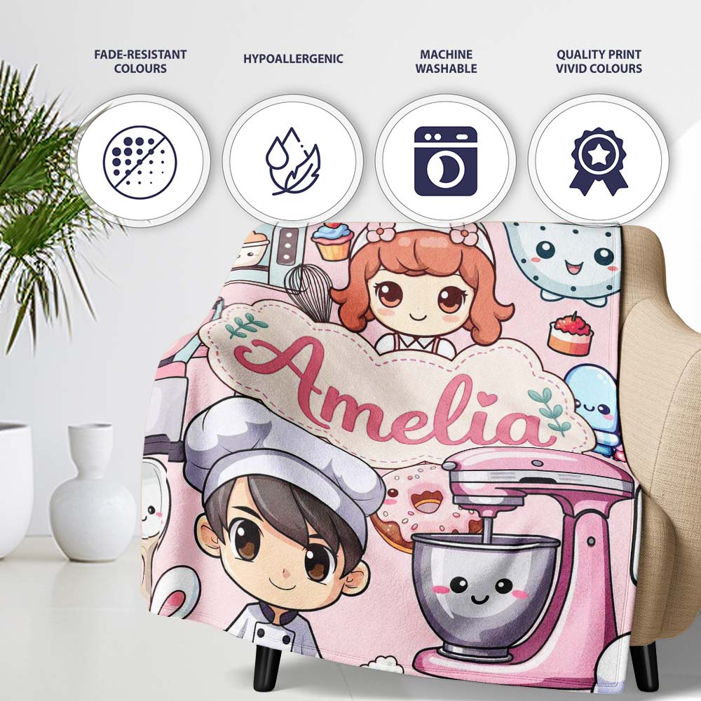Cute Kawaii Baking Girl Mixer Blender Donut Pink Background  Personalised Custom Name Super Soft Fleece Blanket Bed Sofa Throw
