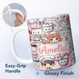 Personalized Custom Name Cute Kawaii Baking Girl Mixer Blender Donut Pink Background 11oz Ceramic Coffee Tea Mug White Large Handle