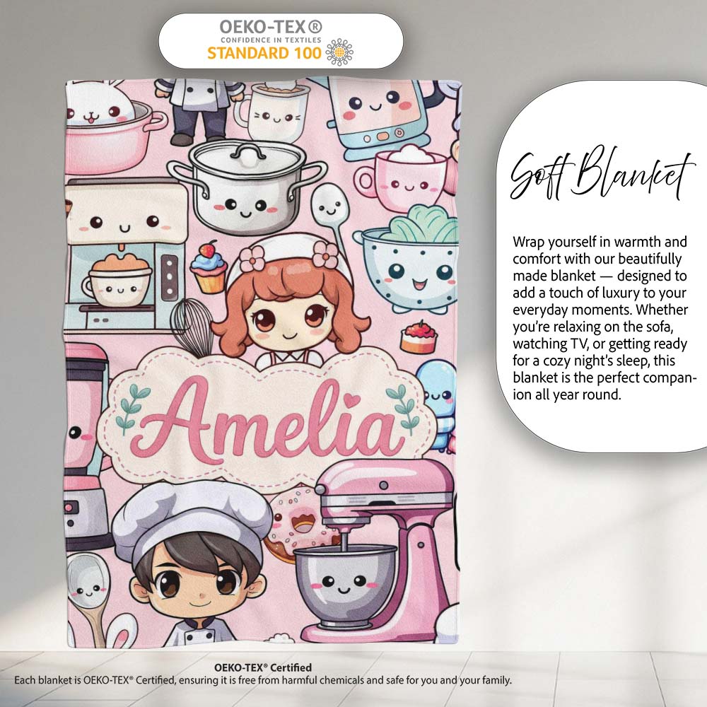 Cute Kawaii Baking Girl Mixer Blender Donut Pink Background  Personalised Custom Name Super Soft Fleece Blanket Bed Sofa Throw