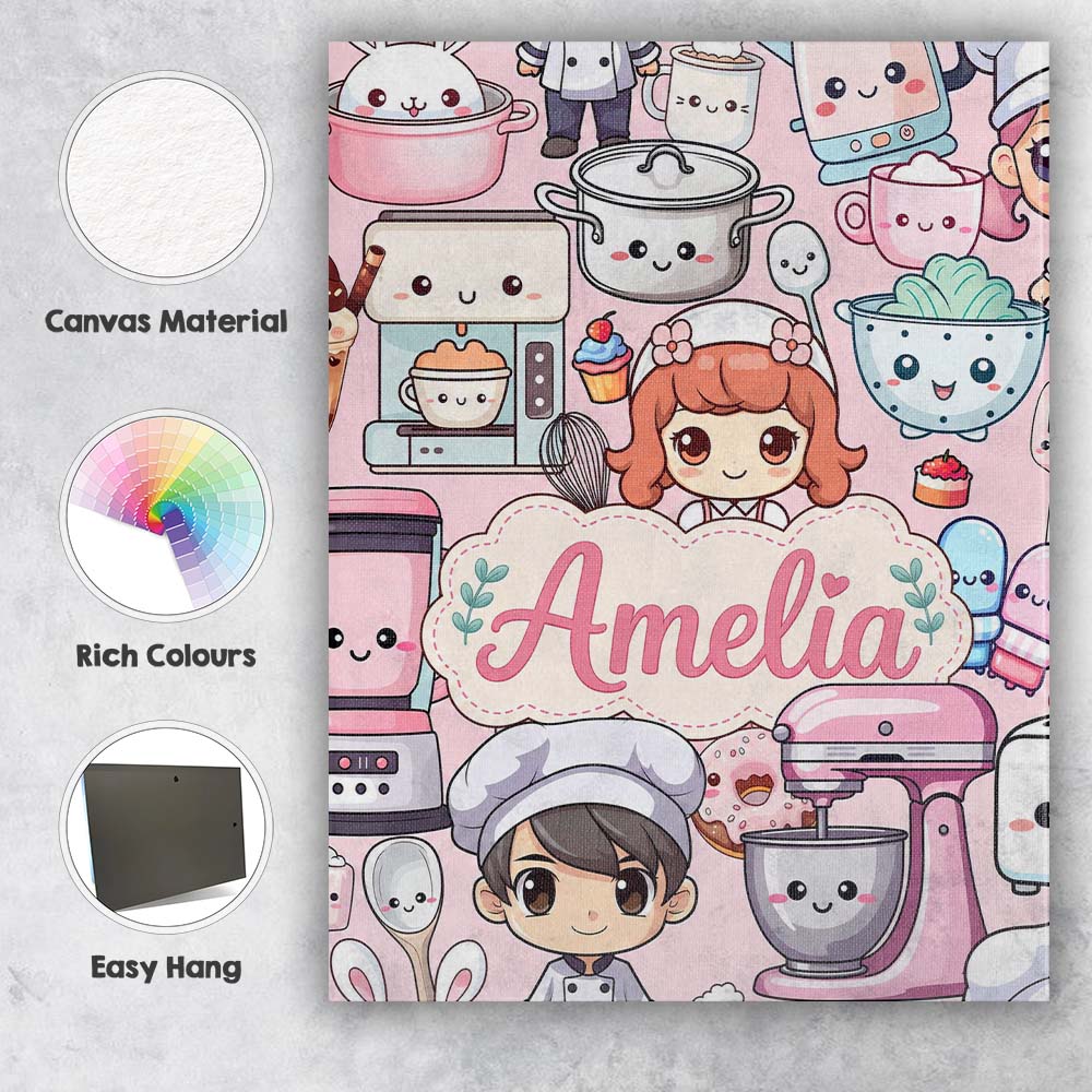 Personalised Name Cute Kawaii Baking Girl Custom  Unique Gift Idea Elegant Feature Canvas Wall Art Print Decor Picture Ready to Hang