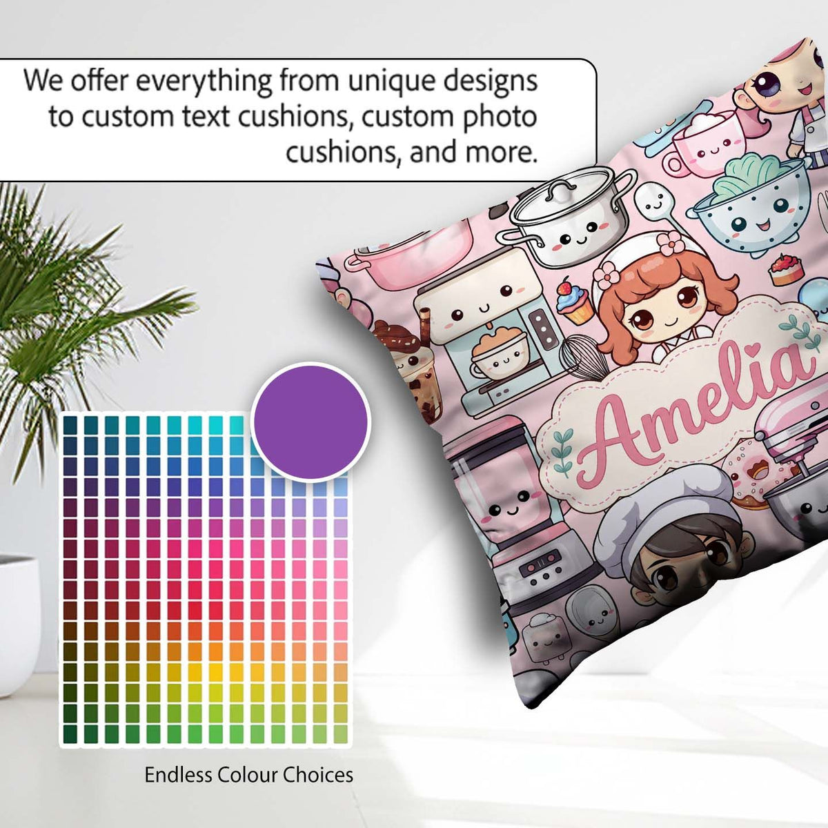 Custom Name Cute Kawaii Girl Mixer Blender Donut Pink Background Square Filled Cushion Throw Pillow Sofa Bed Home Decor Zip Washable UK Made