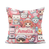 Custom Name Cute Kawaii Baking Girl Mixer Donut Coral Background Square Filled Cushion Throw Pillow Sofa Bed Home Decor Zip Washable UK Made