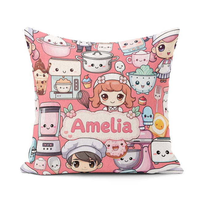 Custom Name Cute Kawaii Baking Girl Mixer Donut Coral Background Square Filled Cushion Throw Pillow Sofa Bed Home Decor Zip Washable UK Made