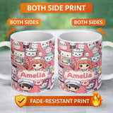 Personalized Custom Name Cute Kawaii Baking Girl Mixer Blender Donut Coral Background 11oz Ceramic Coffee Tea Mug White Large Handle