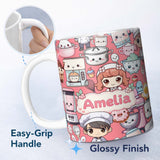 Personalized Custom Name Cute Kawaii Baking Girl Mixer Blender Donut Coral Background 11oz Ceramic Coffee Tea Mug White Large Handle