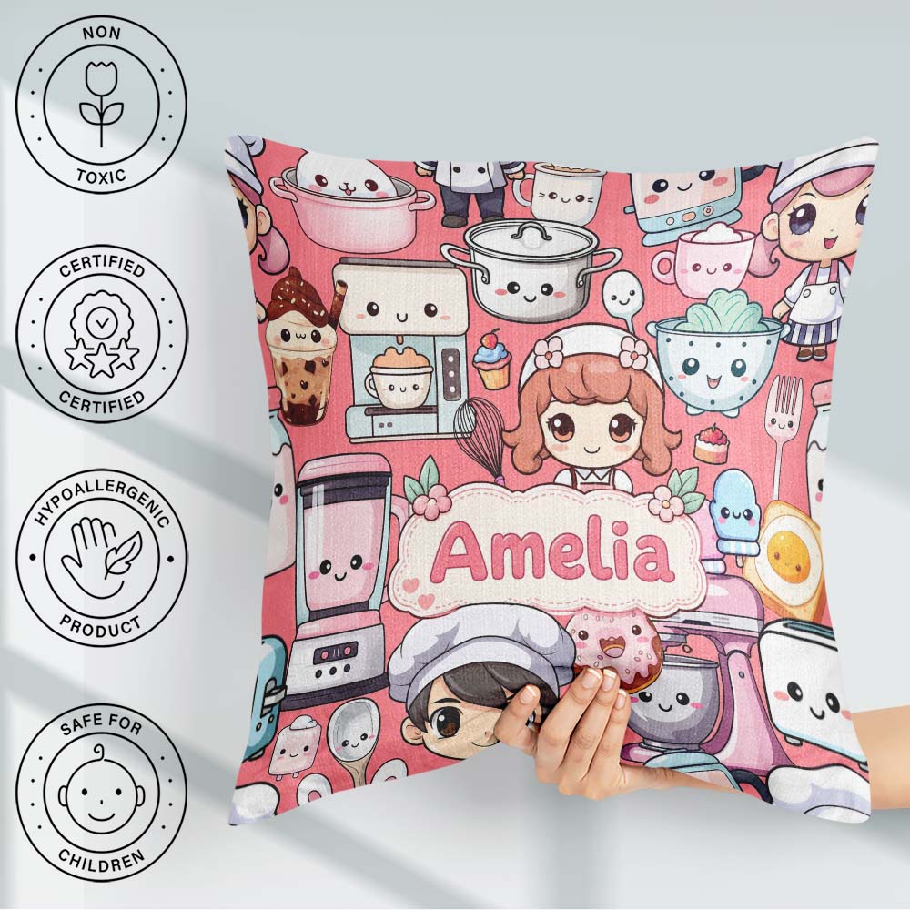 Custom Name Cute Kawaii Baking Girl Mixer Donut Coral Background Square Filled Cushion Throw Pillow Sofa Bed Home Decor Zip Washable UK Made