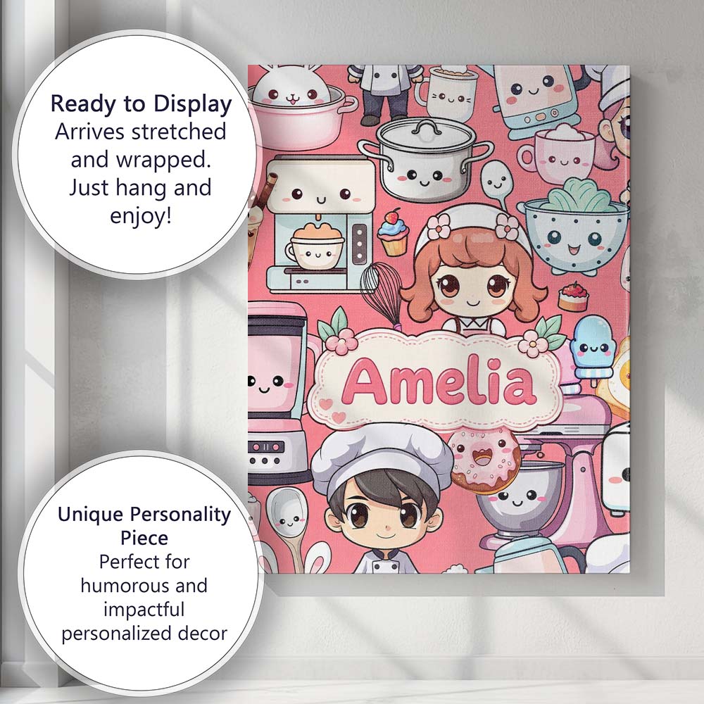 Personalised Name Cute Kawaii Baking Girl Custom  Unique Gift Idea Elegant Feature Canvas Wall Art Print Decor Picture Ready to Hang