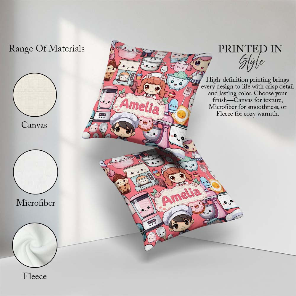 Custom Name Cute Kawaii Baking Girl Mixer Donut Coral Background Square Filled Cushion Throw Pillow Sofa Bed Home Decor Zip Washable UK Made