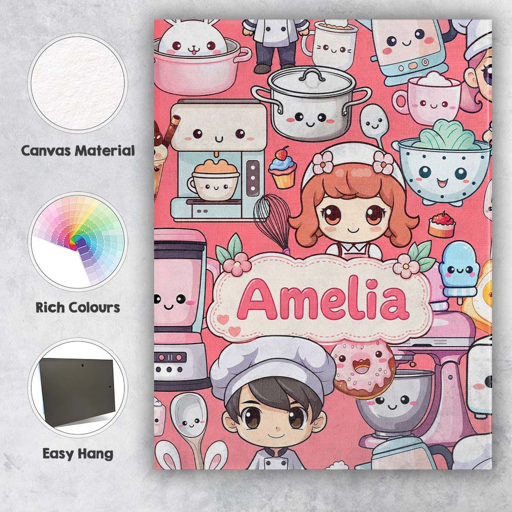 Personalised Name Cute Kawaii Baking Girl Custom  Unique Gift Idea Elegant Feature Canvas Wall Art Print Decor Picture Ready to Hang