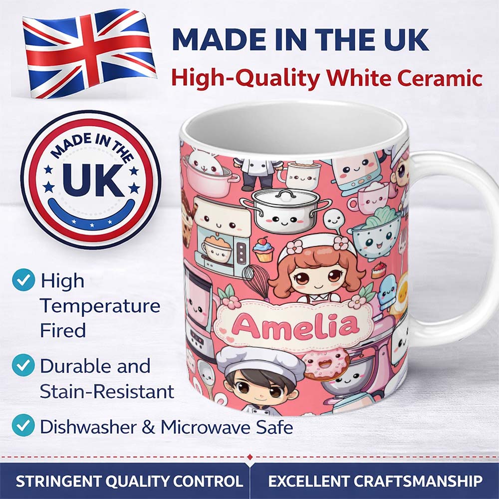 Personalized Custom Name Cute Kawaii Baking Girl Mixer Blender Donut Coral Background 11oz Ceramic Coffee Tea Mug White Large Handle