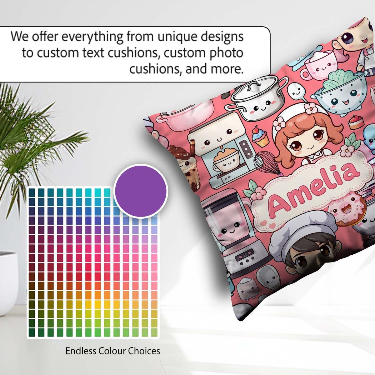 Custom Name Cute Kawaii Baking Girl Mixer Donut Coral Background Square Filled Cushion Throw Pillow Sofa Bed Home Decor Zip Washable UK Made