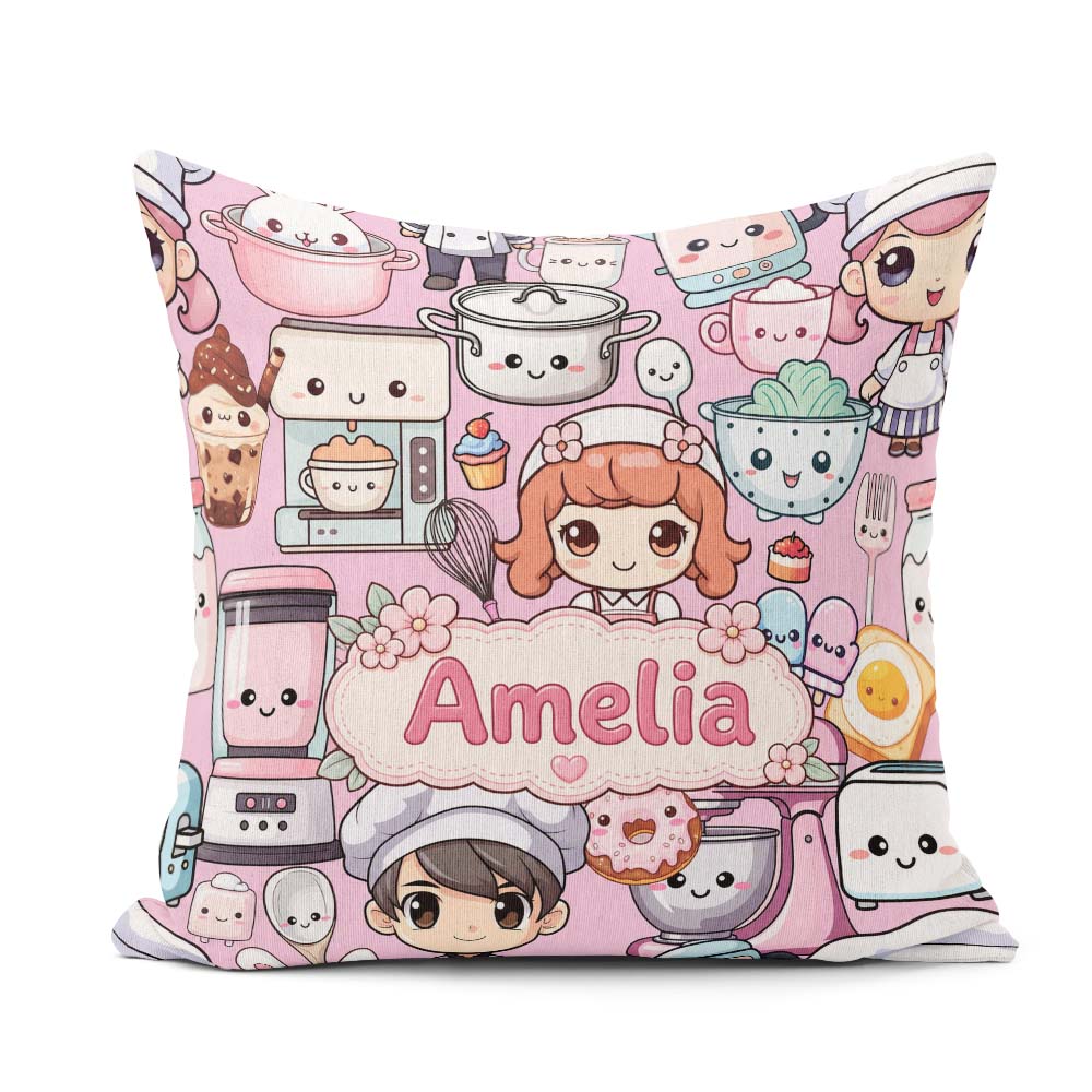 Custom Name Cute Kawaii Baking Girl Mixer Donut Blush Background Square Filled Cushion Throw Pillow Sofa Bed Home Decor Zip Washable UK Made