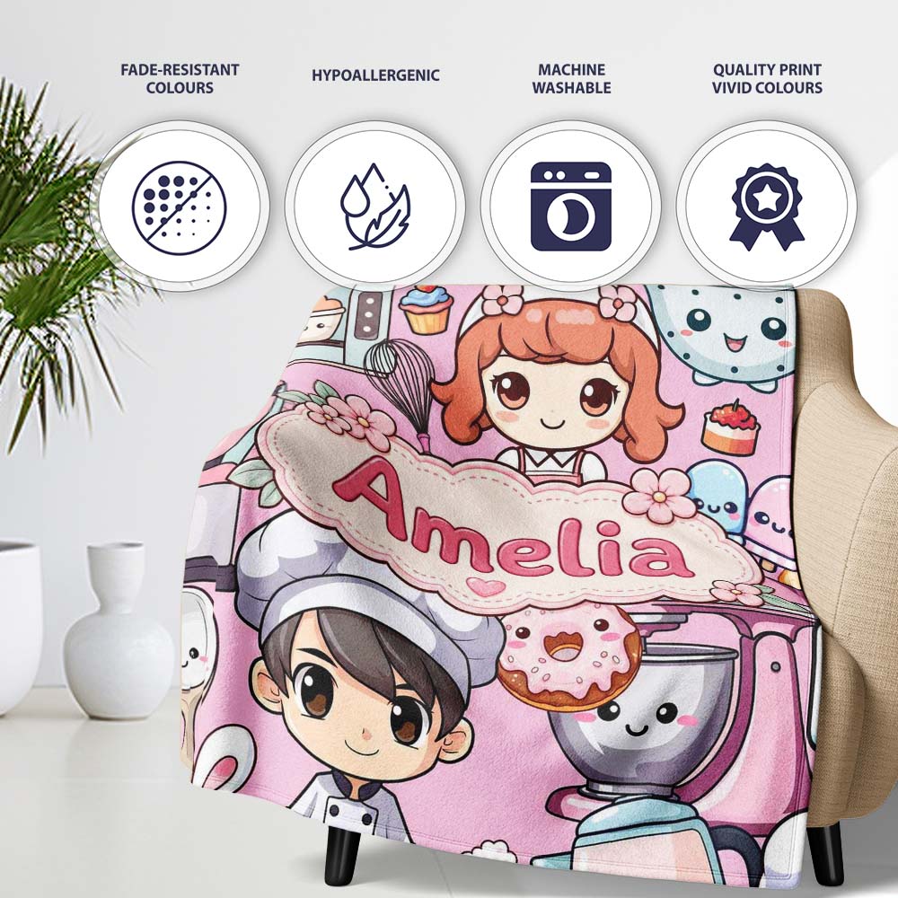 Cute Kawaii Baking Girl Mixer Blender Donut Blush Background  Personalised Custom Name Super Soft Fleece Blanket Bed Sofa Throw