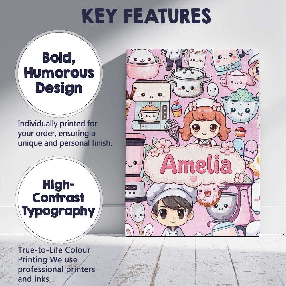 Personalised Name Cute Kawaii Baking Girl Custom  Unique Gift Idea Elegant Feature Canvas Wall Art Print Decor Picture Ready to Hang