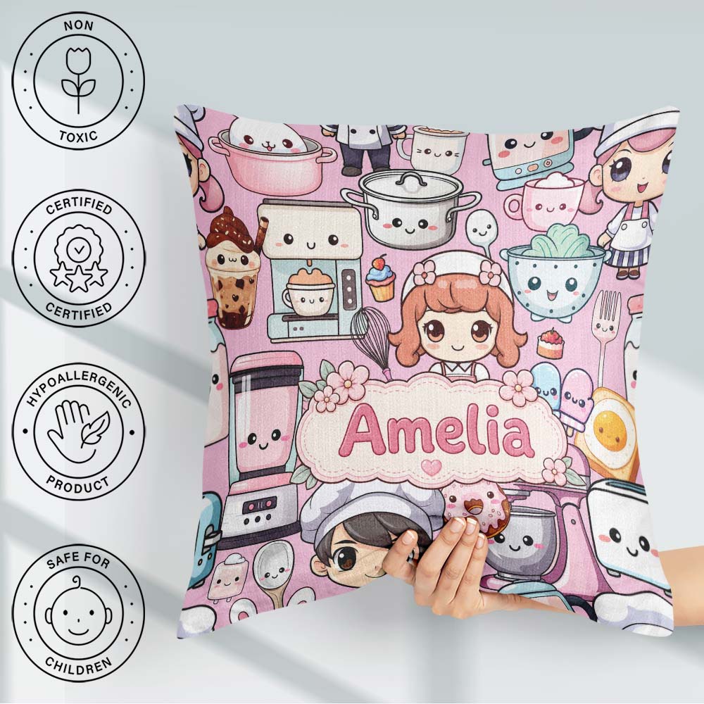 Custom Name Cute Kawaii Baking Girl Mixer Donut Blush Background Square Filled Cushion Throw Pillow Sofa Bed Home Decor Zip Washable UK Made