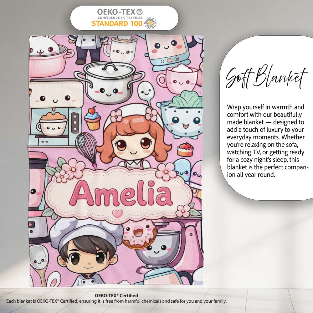 Cute Kawaii Baking Girl Mixer Blender Donut Blush Background  Personalised Custom Name Super Soft Fleece Blanket Bed Sofa Throw