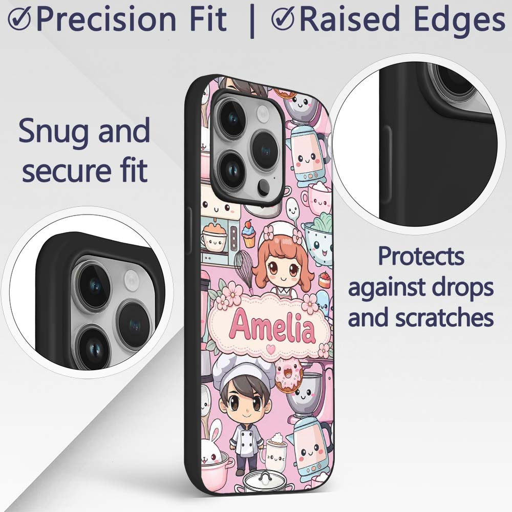 Cute Kawaii Baking Girl Mixer Blender Donut Blush Custom Name Protective Phone Case Mobile Cover Durable Everyday Smartphone Shock Resistant