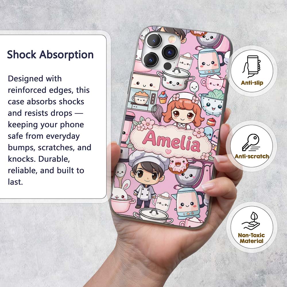 Cute Kawaii Baking Girl Mixer Blender Donut Blush Custom Name Protective Phone Case Mobile Cover Durable Everyday Smartphone Shock Resistant