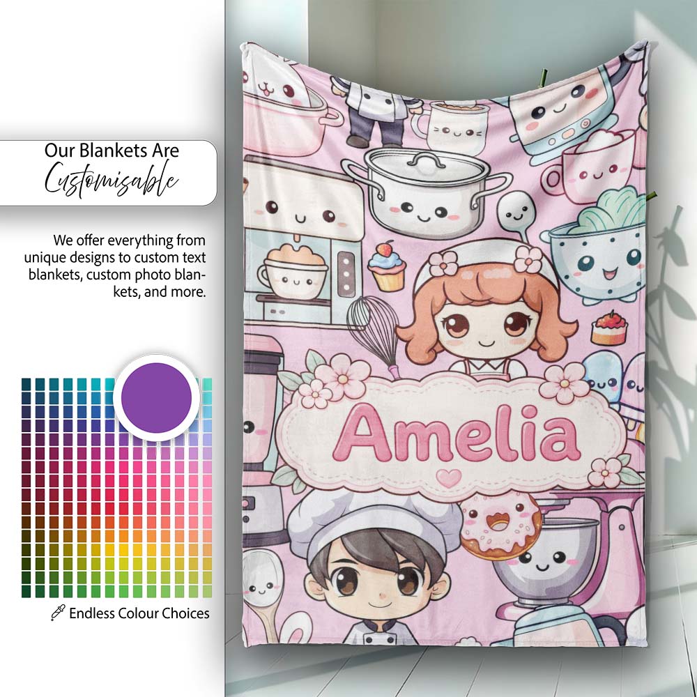 Cute Kawaii Baking Girl Mixer Blender Donut Blush Background  Personalised Custom Name Super Soft Fleece Blanket Bed Sofa Throw