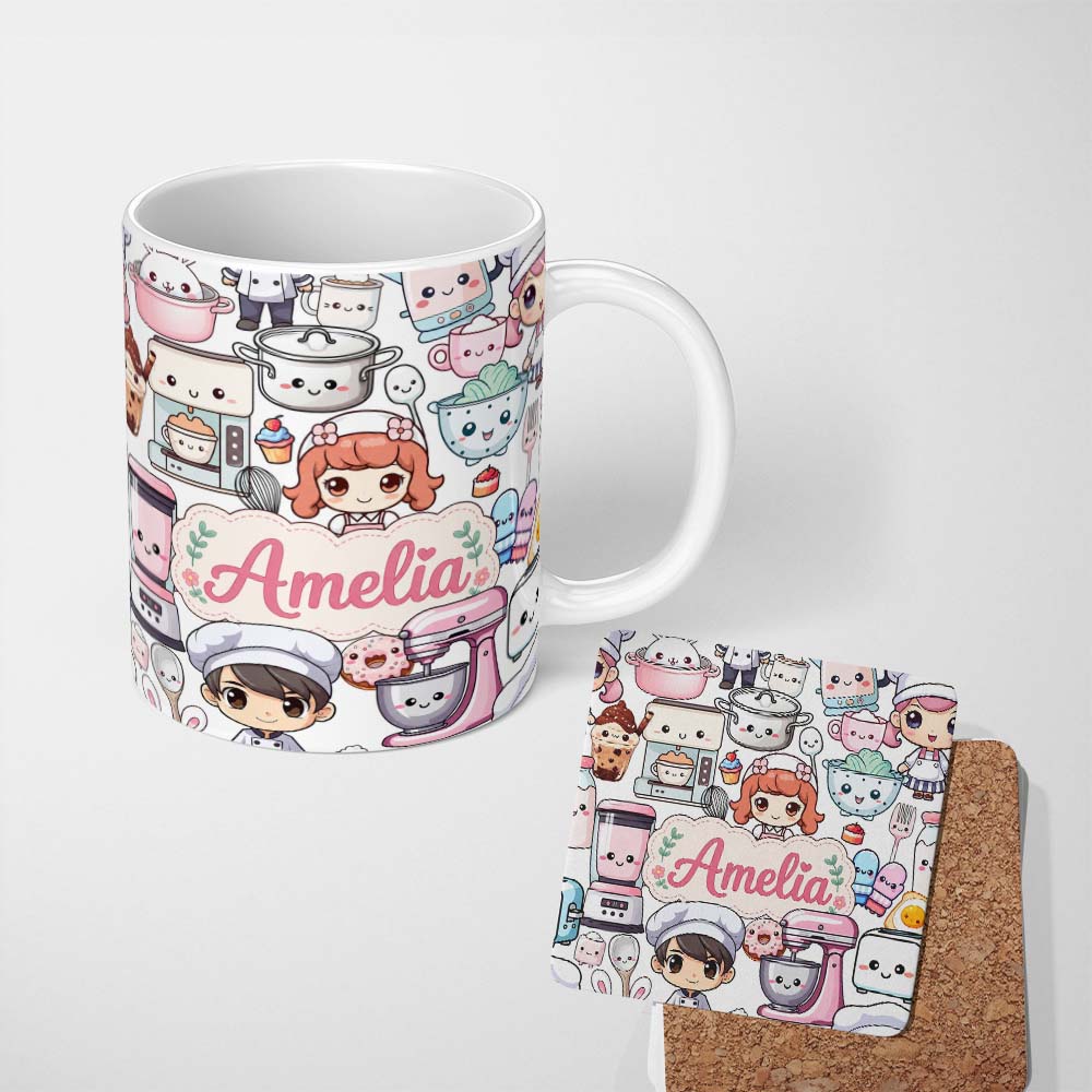 Personalized Custom Name Cute Kawaii Baking Girl Mixer Blender Donut White Background 11oz Ceramic Coffee Tea Mug White Large Handle