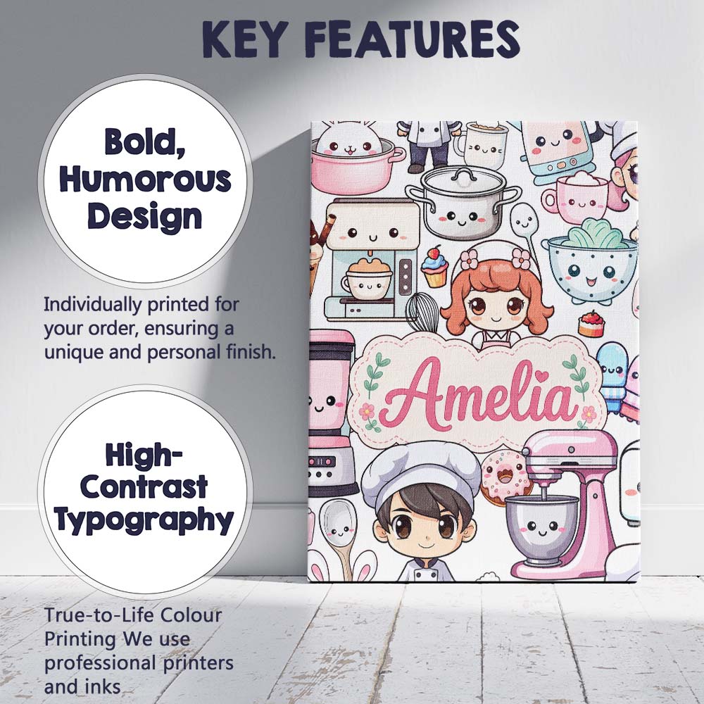 Personalised Name Cute Kawaii Baking Girl Custom  Unique Gift Idea Elegant Feature Canvas Wall Art Print Decor Picture Ready to Hang