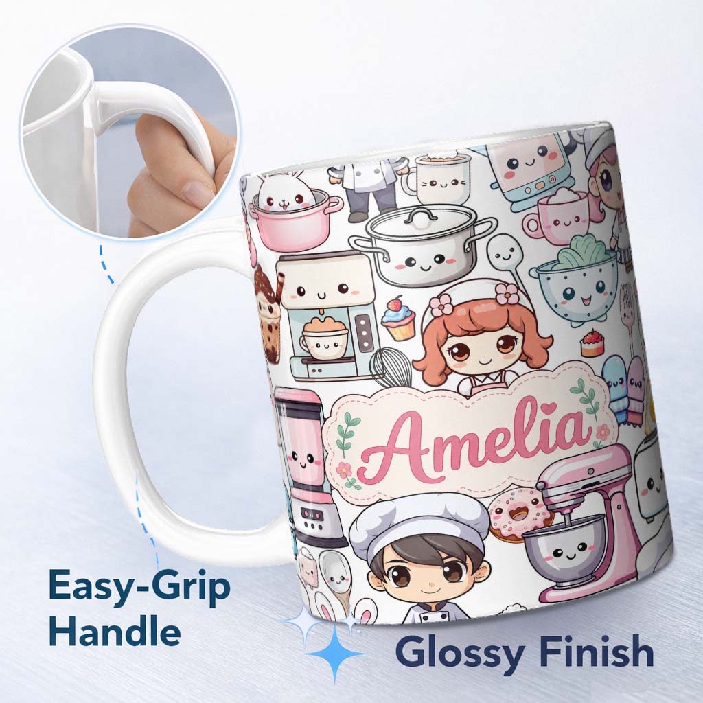 Personalized Custom Name Cute Kawaii Baking Girl Mixer Blender Donut White Background 11oz Ceramic Coffee Tea Mug White Large Handle