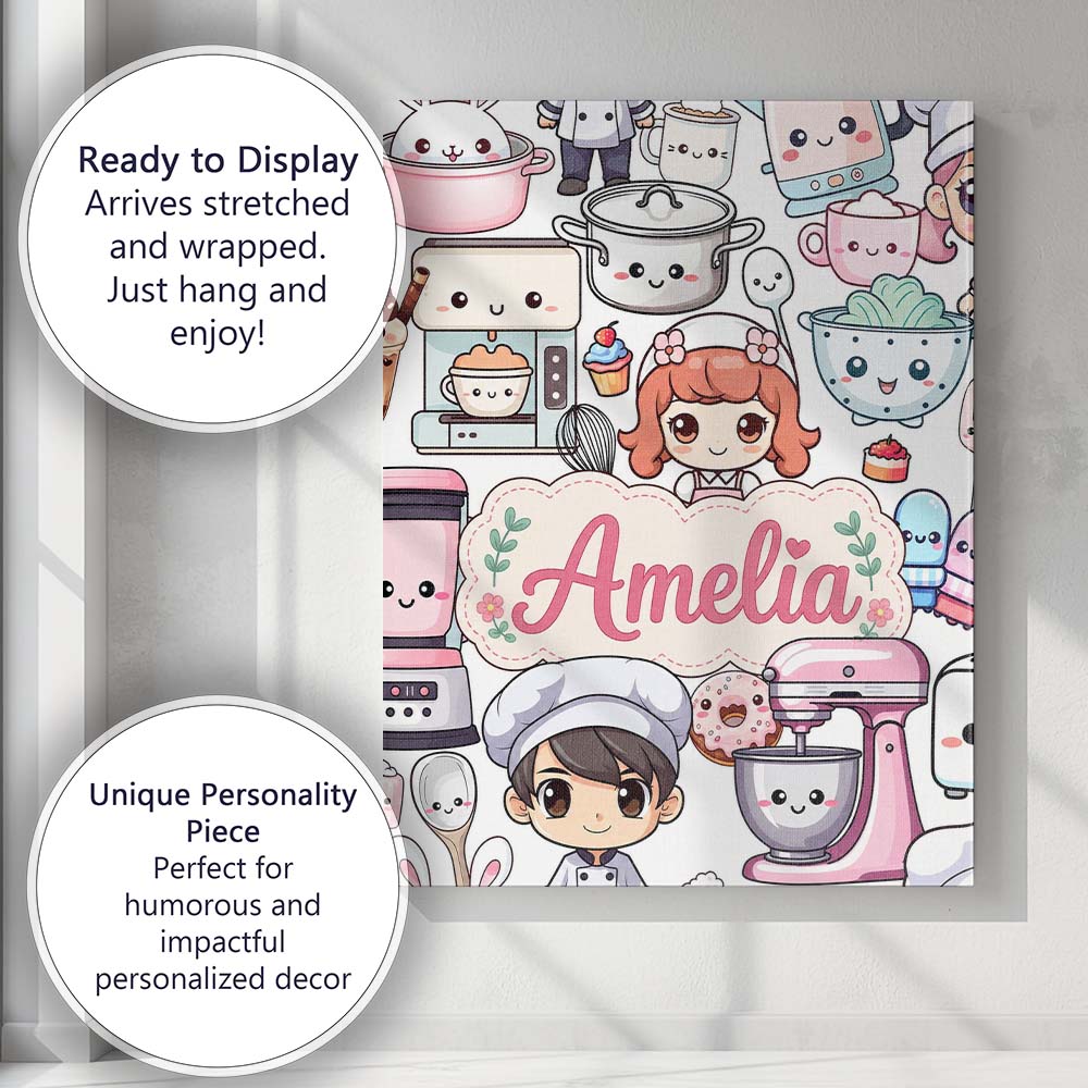 Personalised Name Cute Kawaii Baking Girl Custom  Unique Gift Idea Elegant Feature Canvas Wall Art Print Decor Picture Ready to Hang