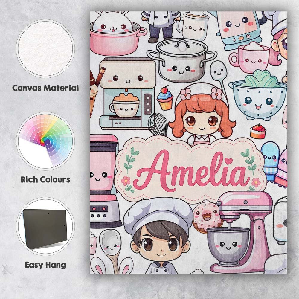 Personalised Name Cute Kawaii Baking Girl Custom  Unique Gift Idea Elegant Feature Canvas Wall Art Print Decor Picture Ready to Hang