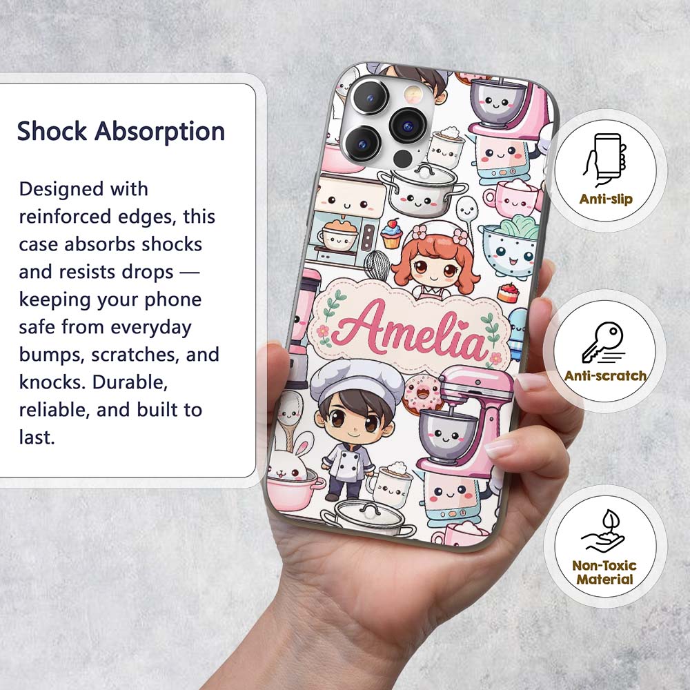 Cute Kawaii Baking Girl Mixer Blender Donut White Custom Name Protective Phone Case Mobile Cover Durable Everyday Smartphone Shock Resistant